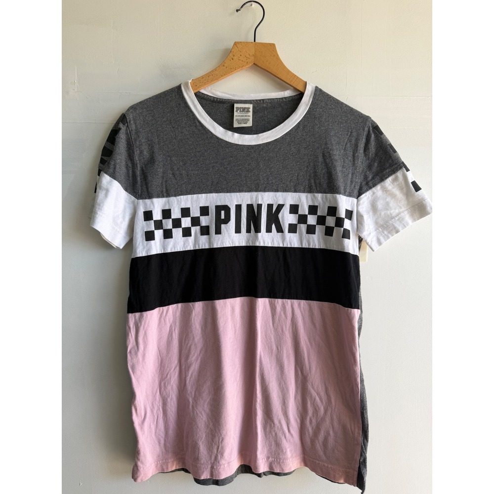 Pink Victoria's Secret Colorblock Checkered Logo T-Shirt Grey XS Y2K casual